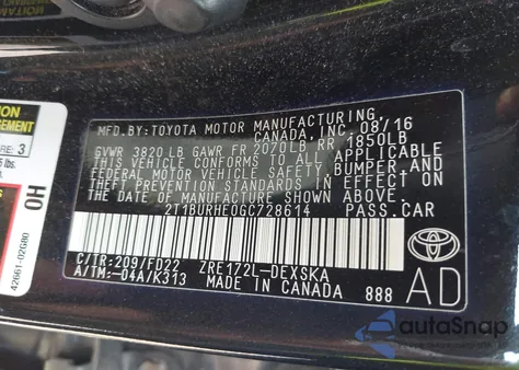 2016 Toyota Corolla S Plus z USA, uszkodzony, nr VIN 2T1BURHE0GC728614